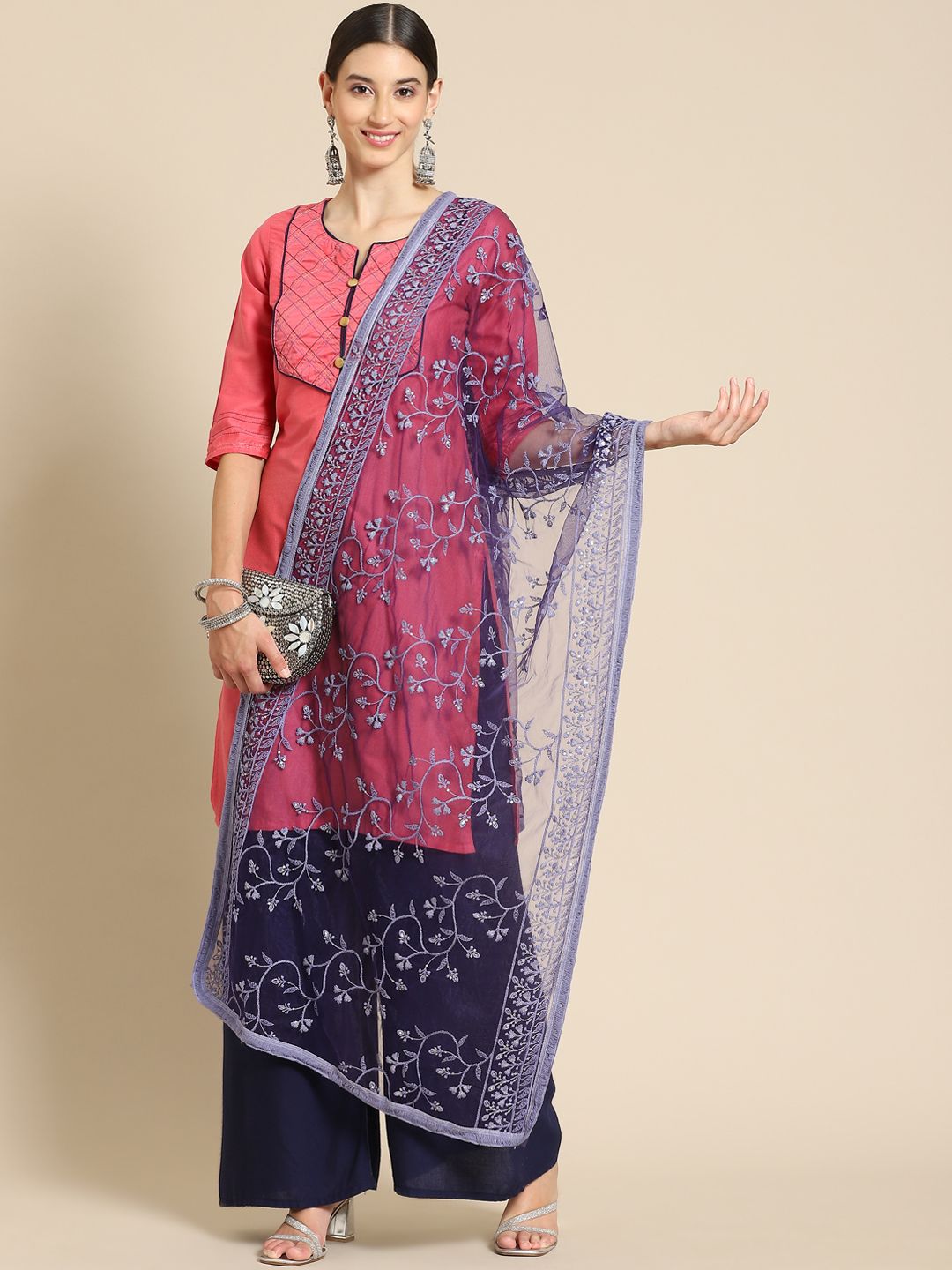 Saadgi Blue Ethnic Motifs Embroidered Dupatta with Chikankari