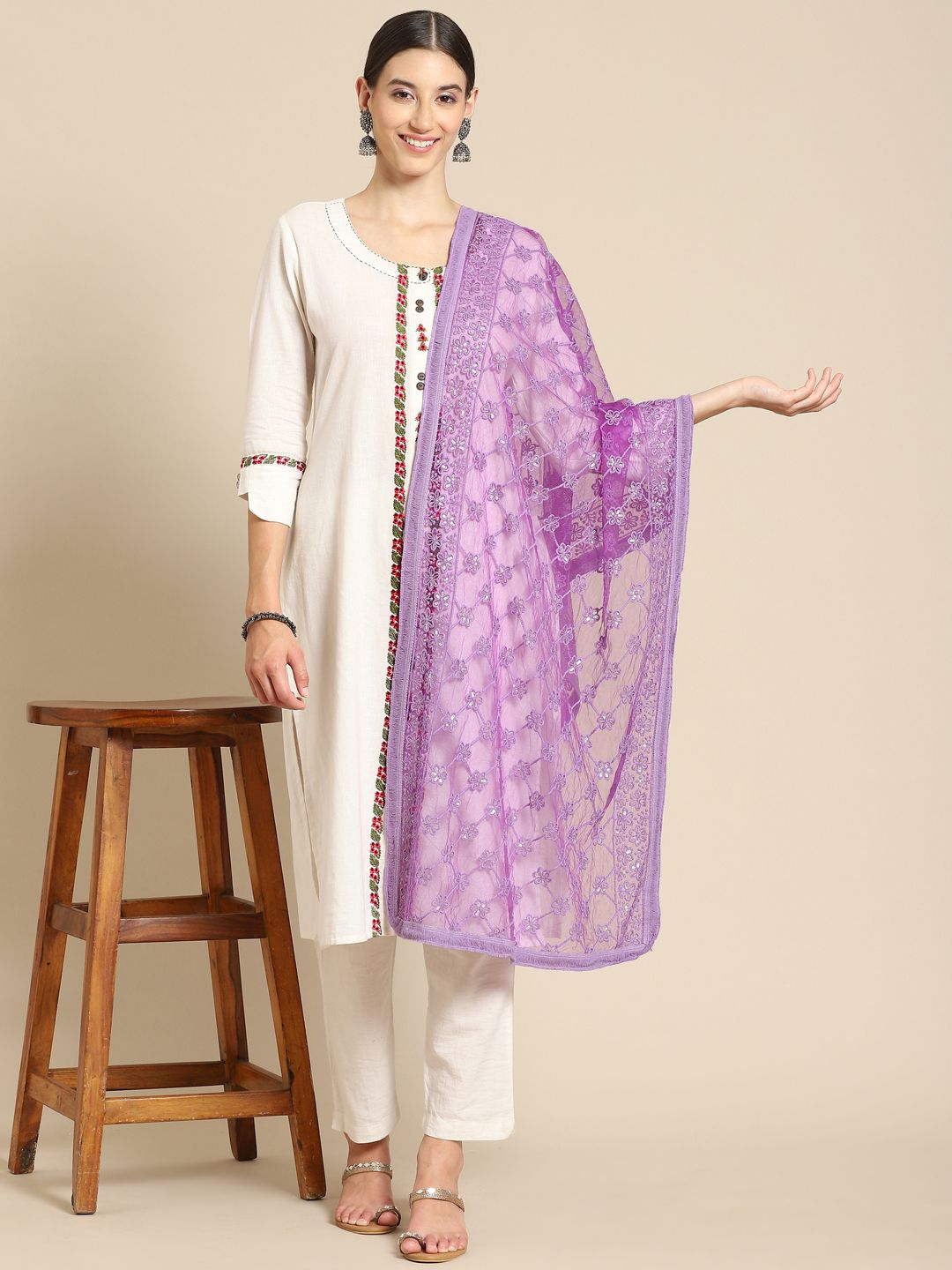 Saadgi Purple Ethnic Motifs Embroidered Dupatta with Chikankari