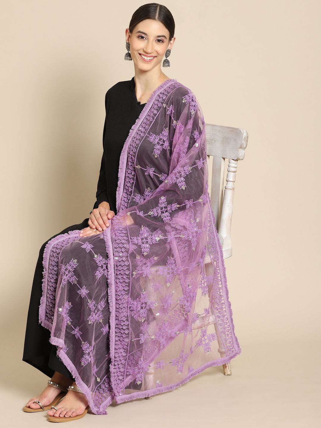 Saadgi Mauve & Gold-Toned Ethnic Motifs Embroidered Dupatta with Chikankari Price in India