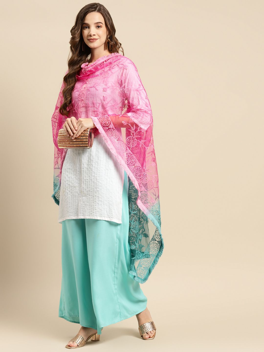 Saadgi Pink & Turquoise Blue Ethnic Motifs Embroidered Ombre Dupatta with Chikankari Price in India