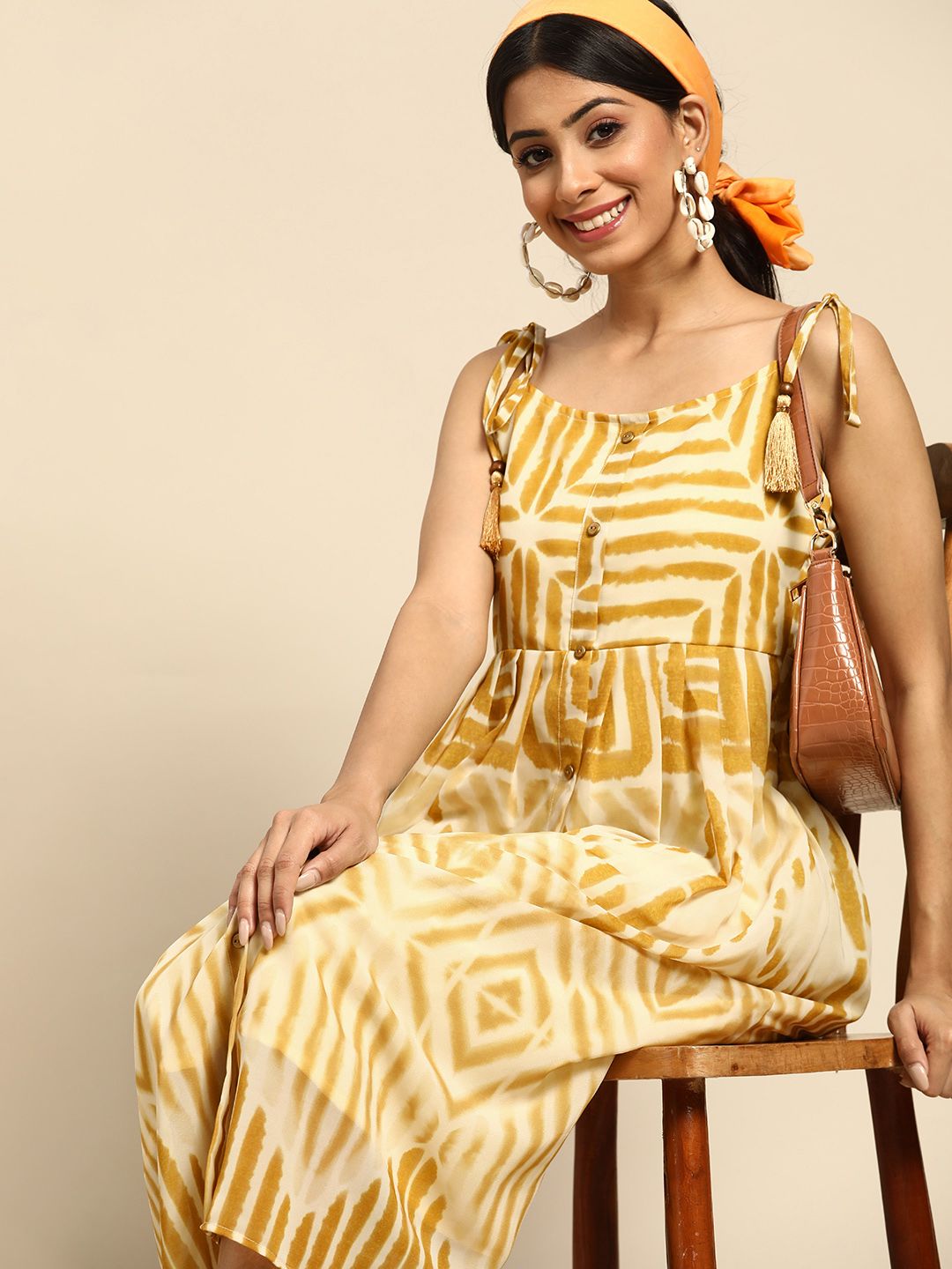Sangria Yellow & Mustard Yellow Georgette A-Line Midi Dress Price in India