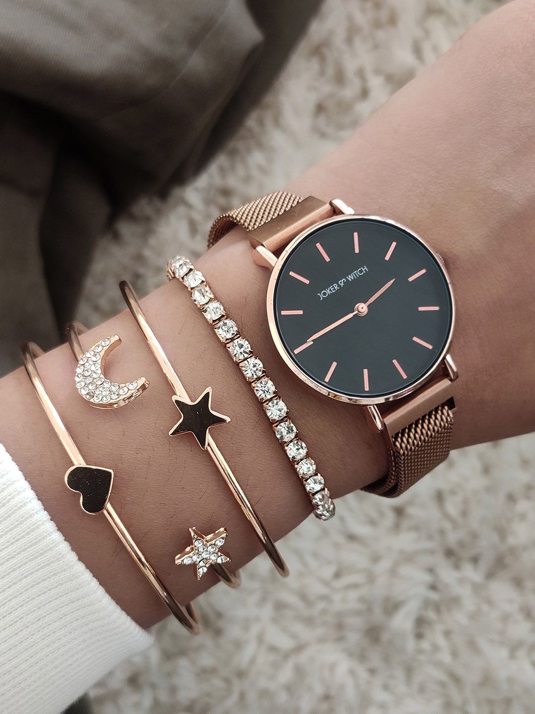 JOKER & WITCH JOKER & WITCH Women Rose Gold-Toned & Black Watch Gift Set