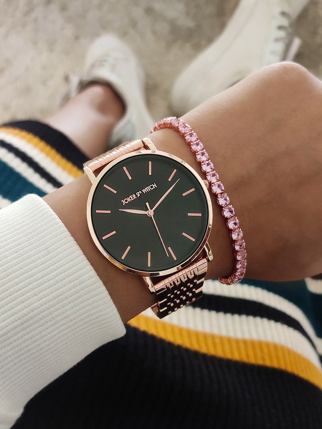 JOKER & WITCH JOKER & WITCH Women Rose Gold-Toned & Black Watch Gift Set
