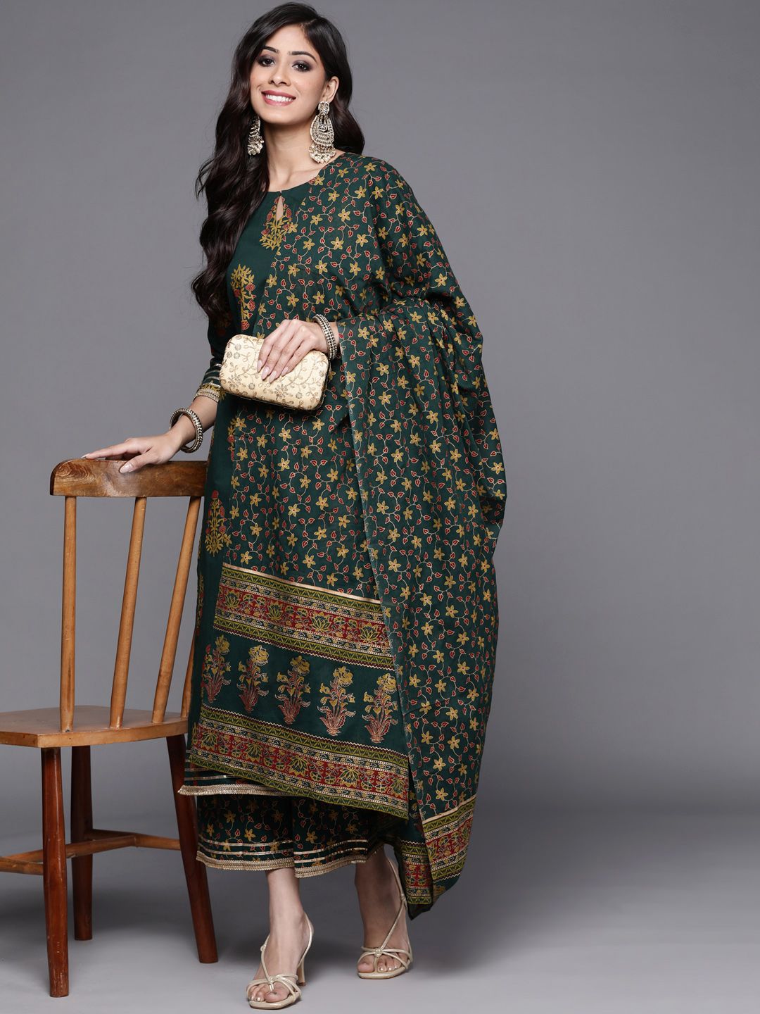 Indo Era Women Green Floral Printed Kurta with Palazzos & With Dupatta Price in India