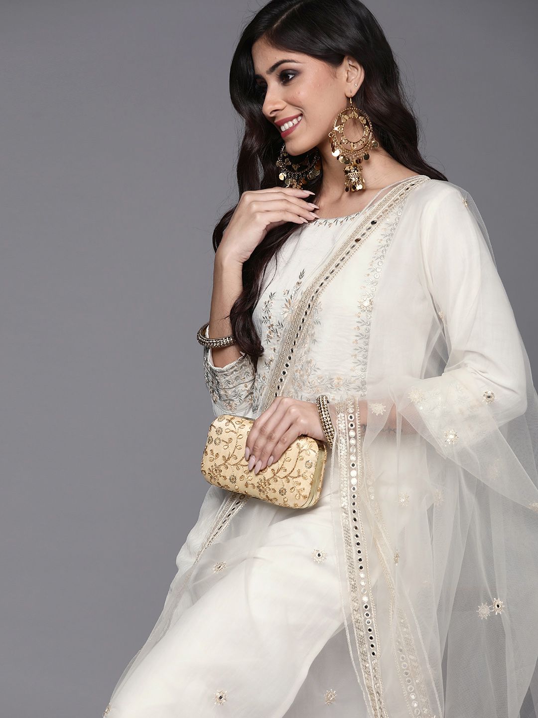 Indo Era Women White Ethnic Motifs Embroidered Kurta with Trousers & With Dupatta Price in India