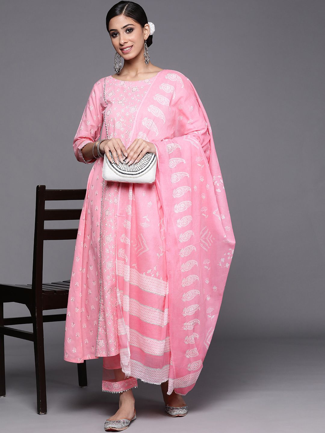 Indo Era Women Peach-Coloured Ethnic Motifs Printed Kurta with Trousers & With Dupatta Price in India