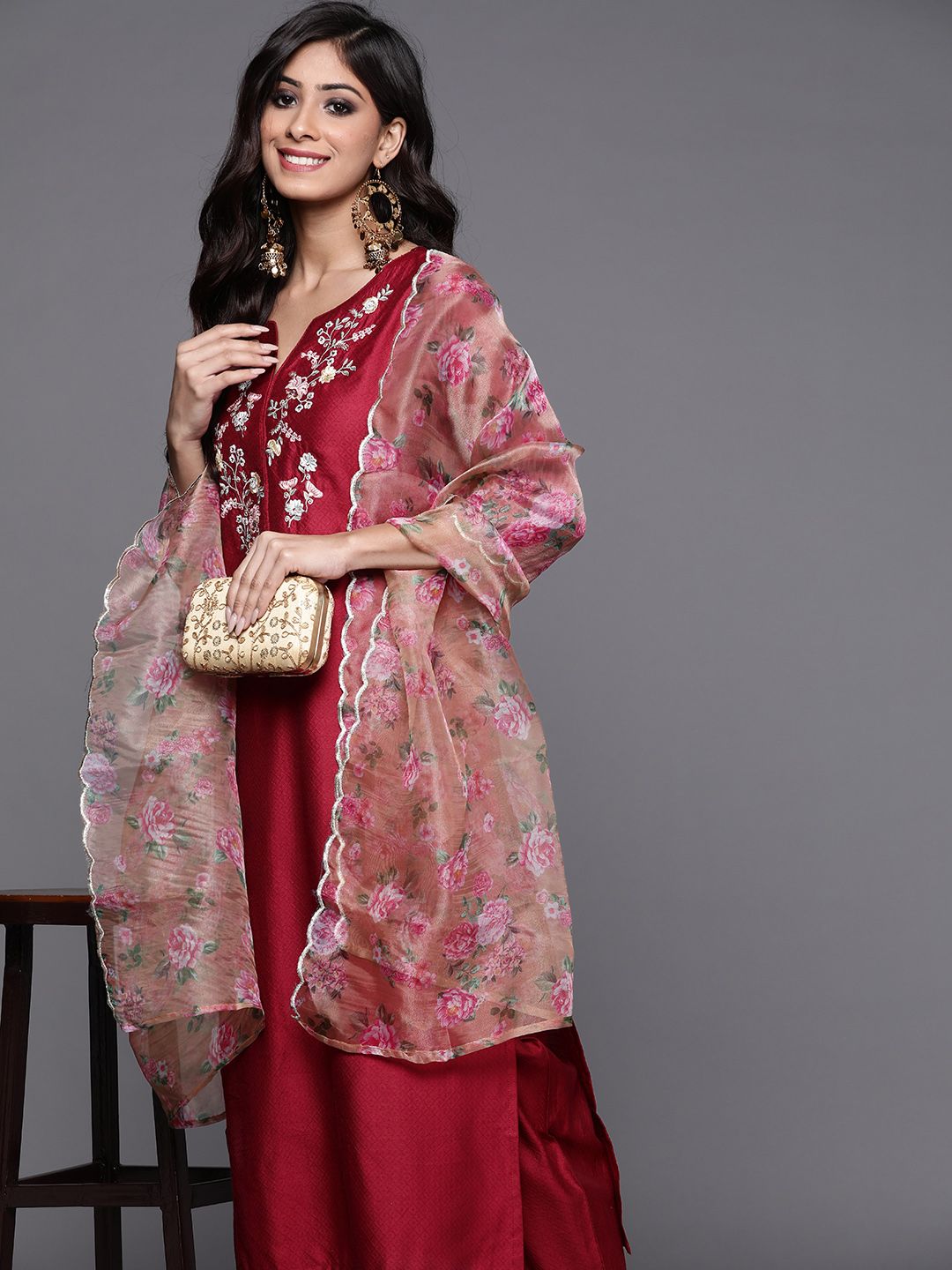 Indo Era Women Maroon Ethnic Motifs Embroidered Kurta with Trousers & With Dupatta Price in India