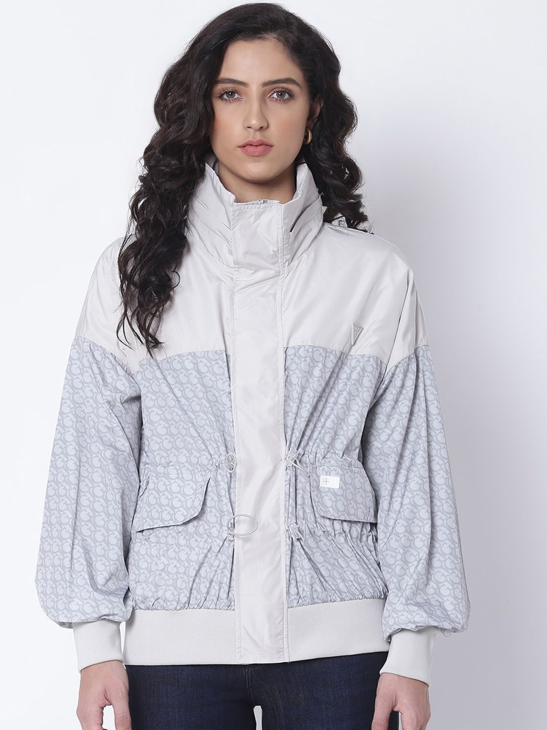 GUESS Women Grey Colourblocked Longline Outdoor Tailored Jacket with Embroidered Price in India