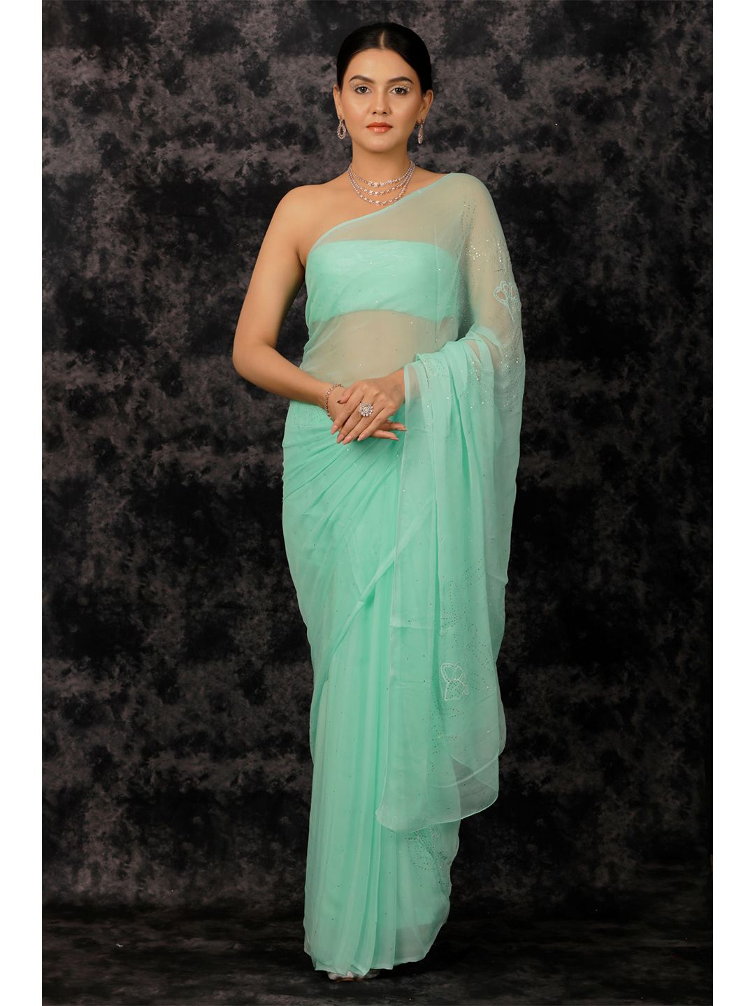 Geroo Jaipur Sea Green & White Floral Mukaish Pure Chiffon Heavy Work Saree Price in India