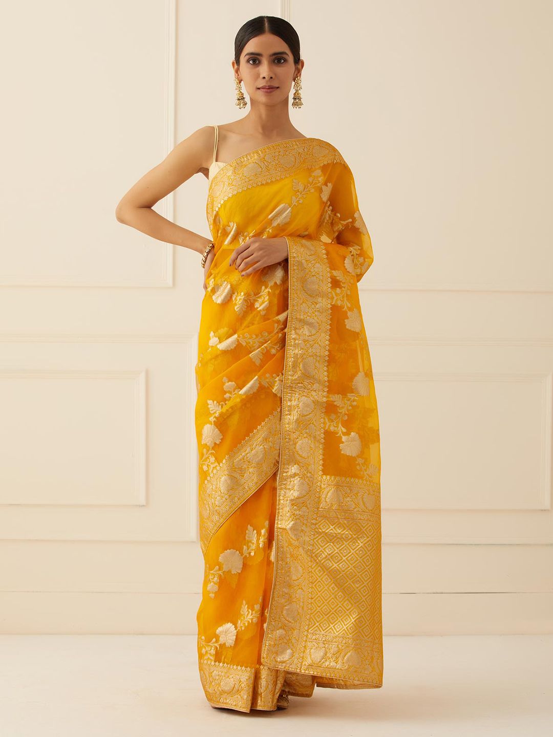 Geroo Jaipur Yellow Woven Design Zari Organza Heavy Work Saree Price in India