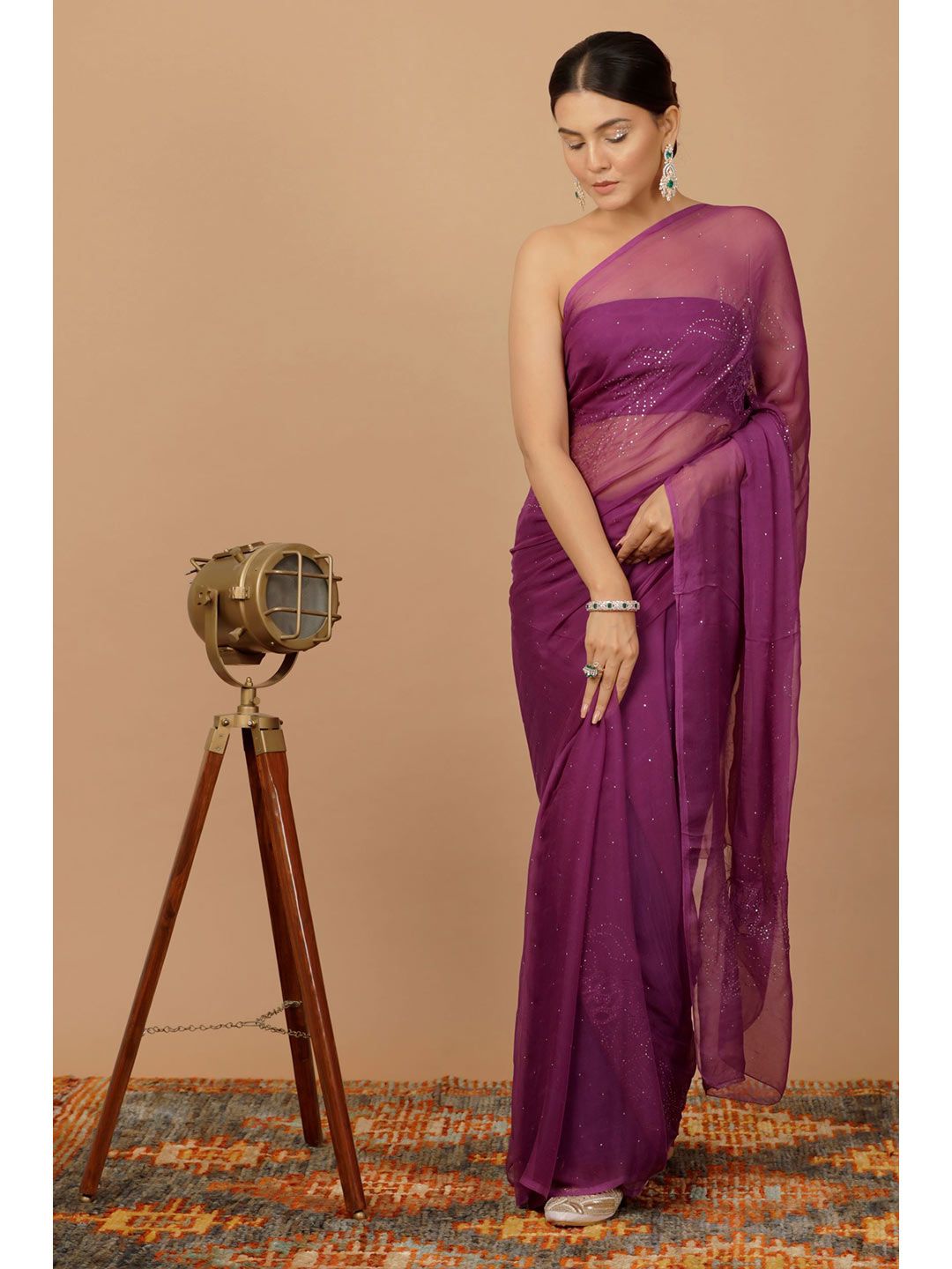 Geroo Jaipur Purple Floral Mukaish Pure Chiffon Heavy Work Saree Price in India