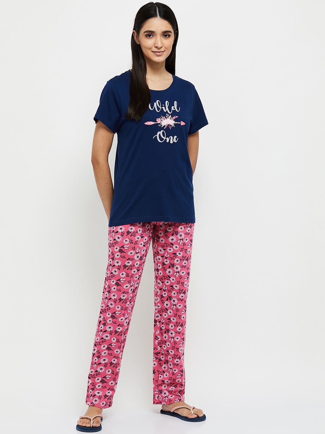 max Women Navy Blue & Pink Floral Printed Night suit Price in India