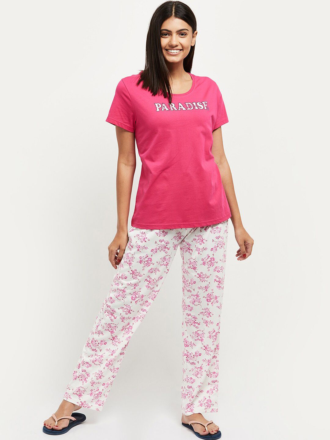 max Women Fuchsia Pink & White Printed Cotton Night suit Price in India