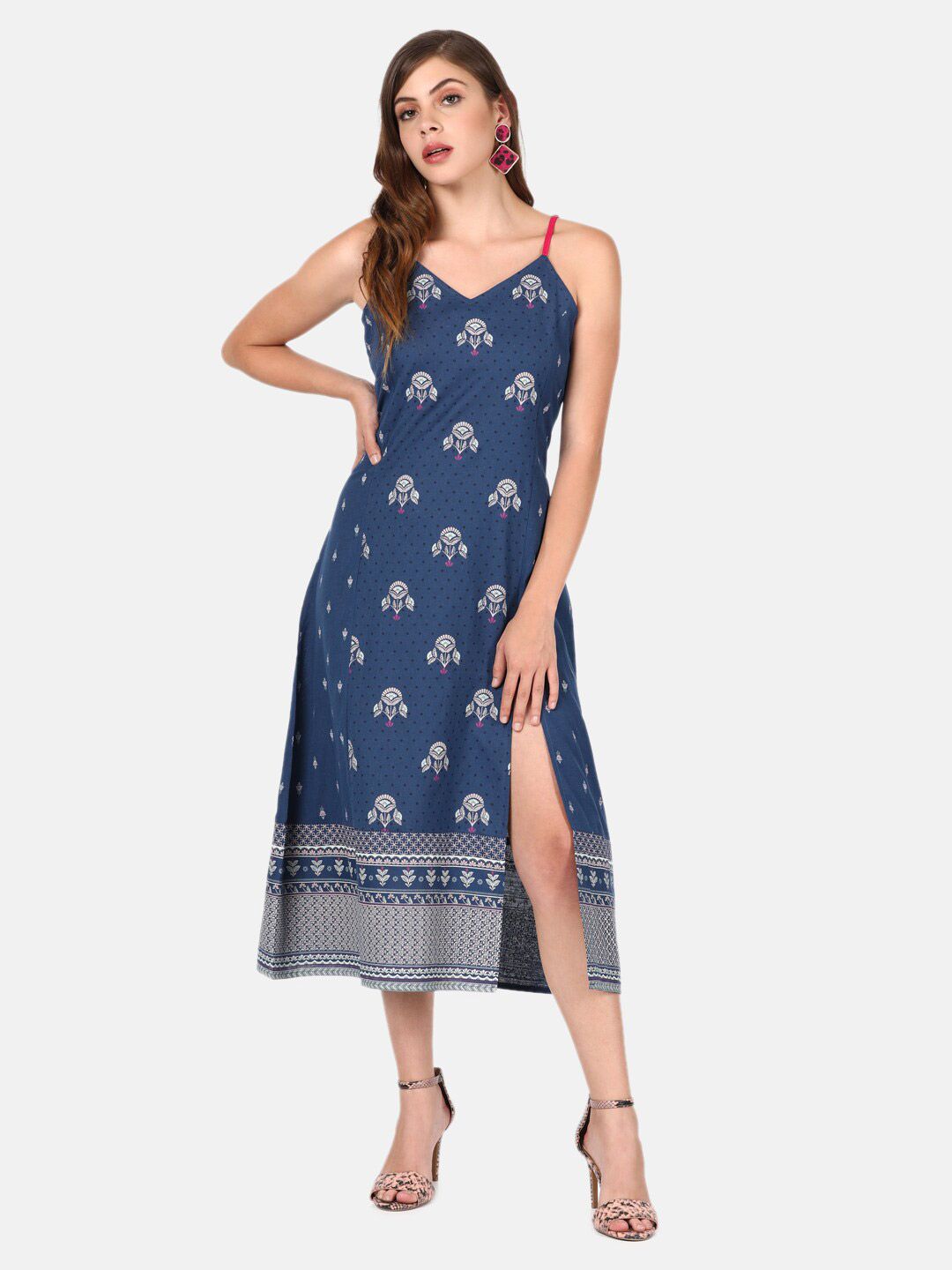 UNTUNG Blue Ethnic Motifs A-Line Midi Dress Price in India