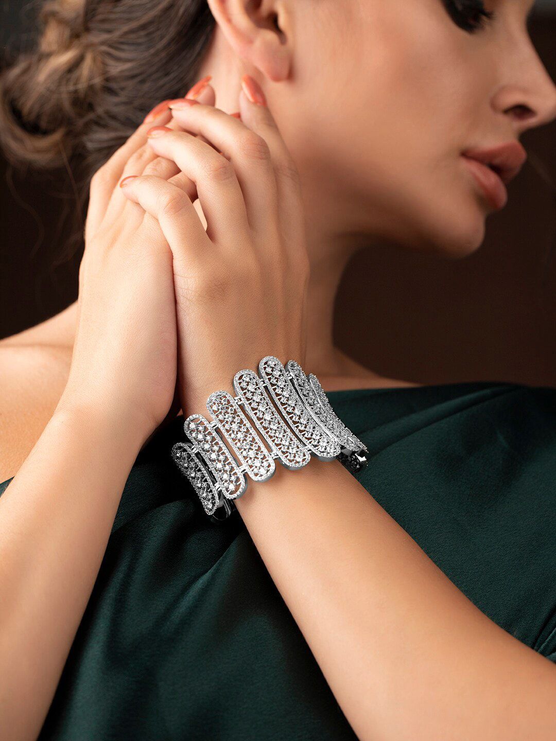 Rubans Women Silver-Toned American Diamond Silver-Plated Kada Bracelet Price in India