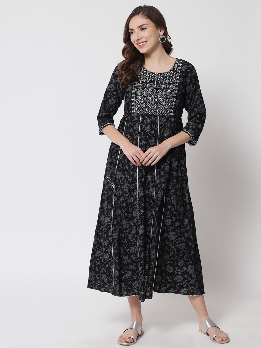 Meeranshi Black Ethnic Motifs Embroidered Midi Cotton Dress Price in India