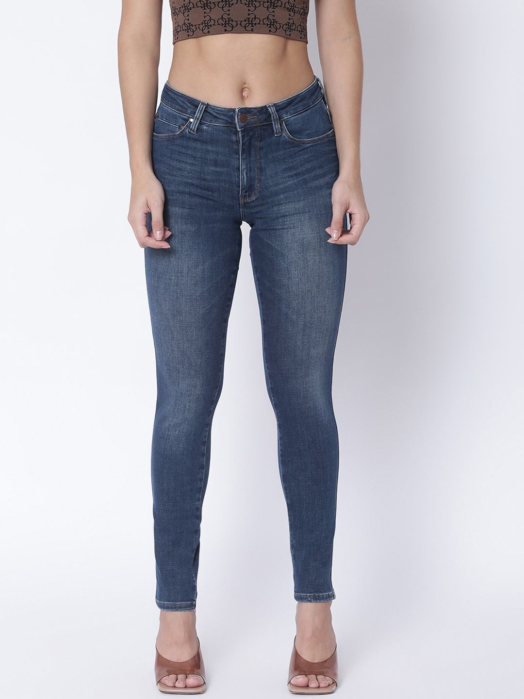 GUESS Women Blue Low Distress Light Fade Jeans Price in India