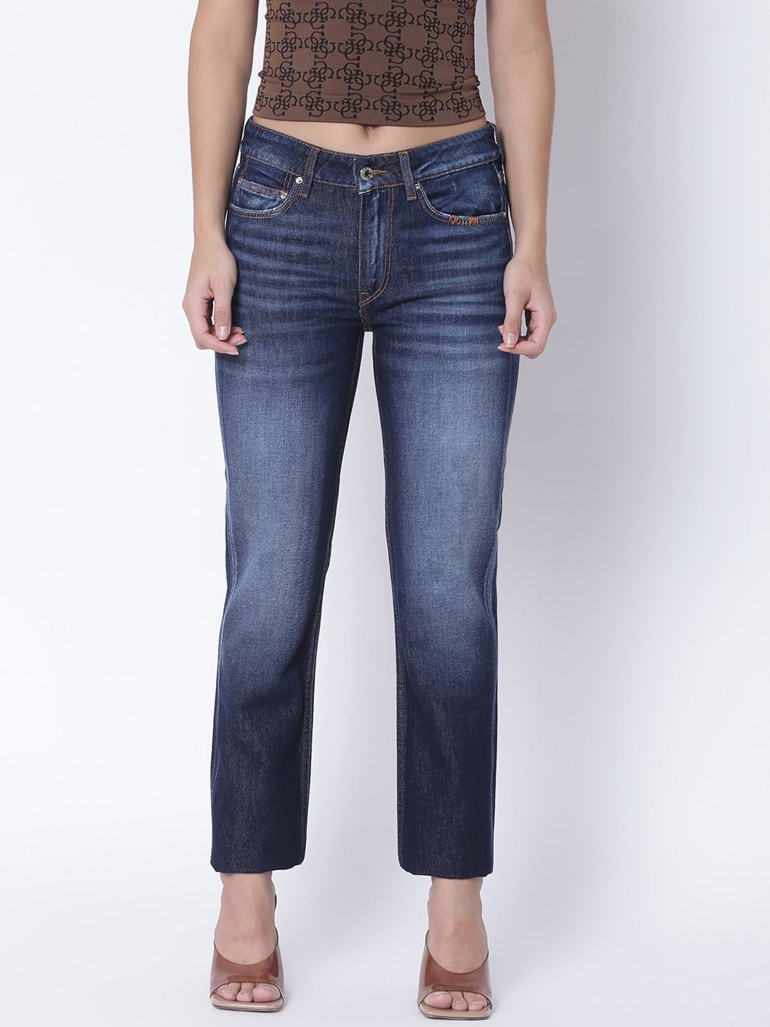 GUESS Women Multicoloured Low Distress Light Fade Jeans Price in India
