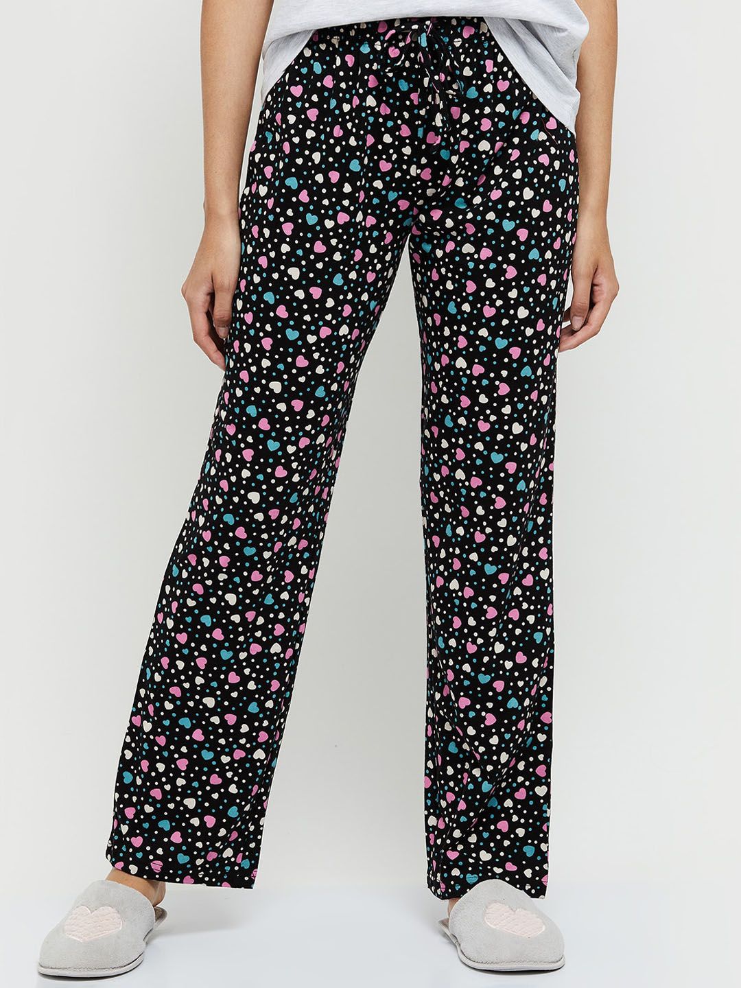 max Women Black & Pink Printed Pure Cotton Lounge Pants Price in India