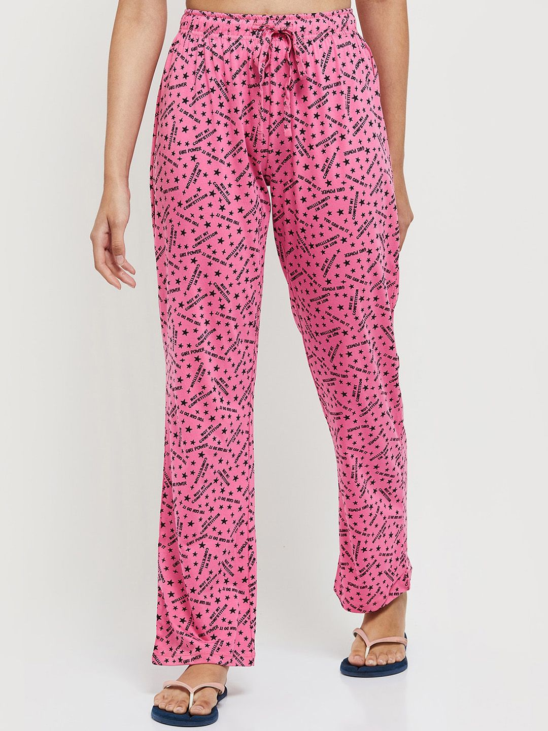 max Women Pink & Black Printed Pure Cotton Lounge Pants Price in India