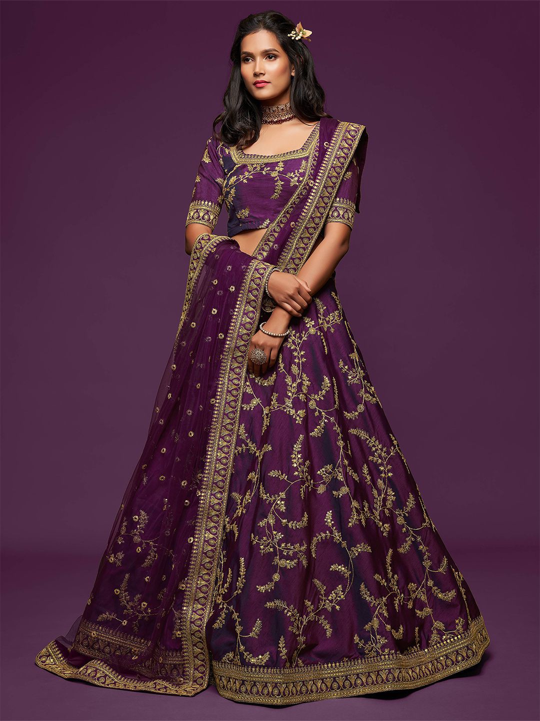 FABPIXEL Purple & Gold Embroidered Semi-Stitched Lehenga & Unstitched Blouse With Dupatta Price in India