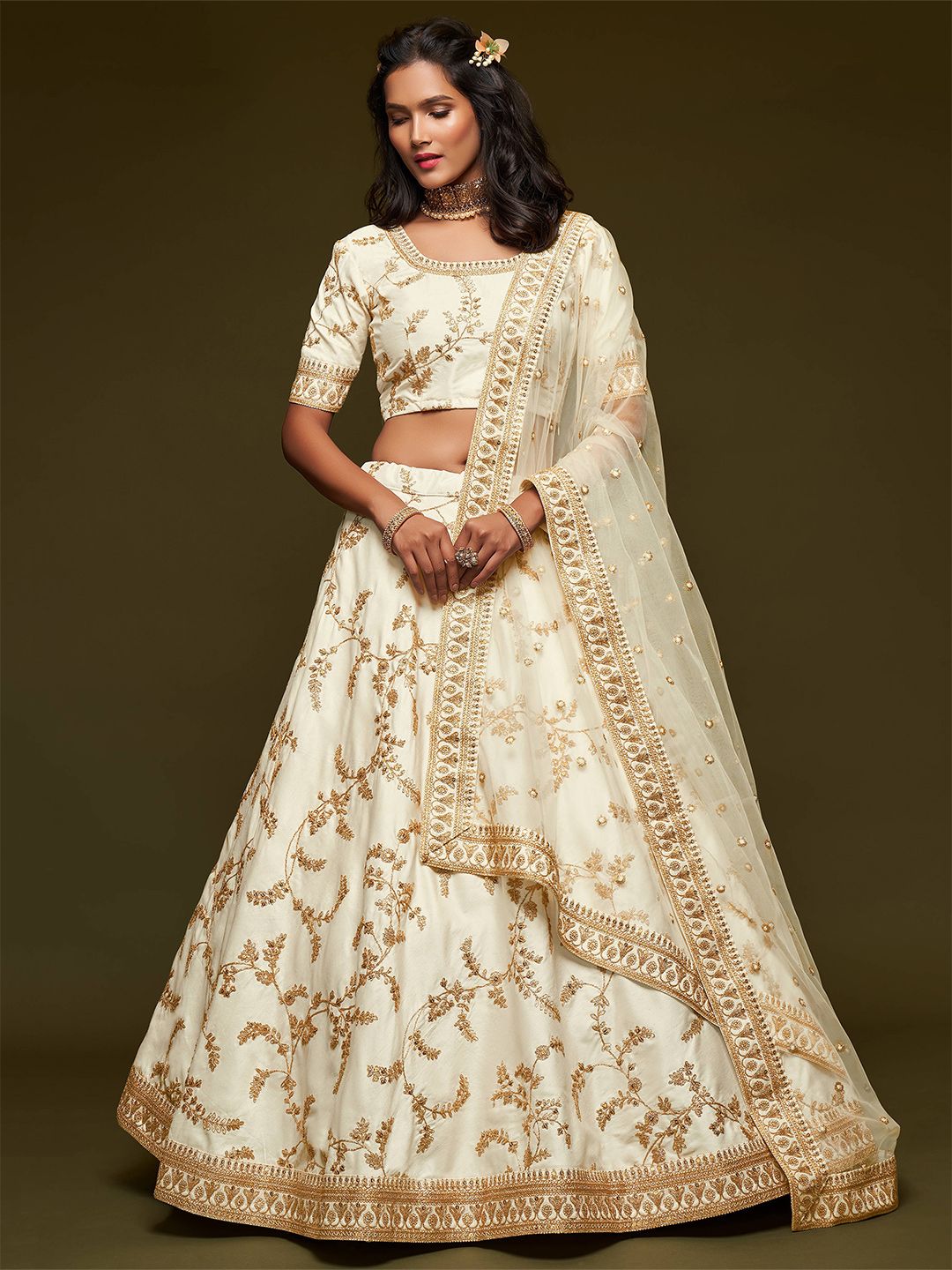 FABPIXEL White Embroidered Sequinned Semi-Stitched Lehenga & Unstitched Choli & Dupatta Price in India