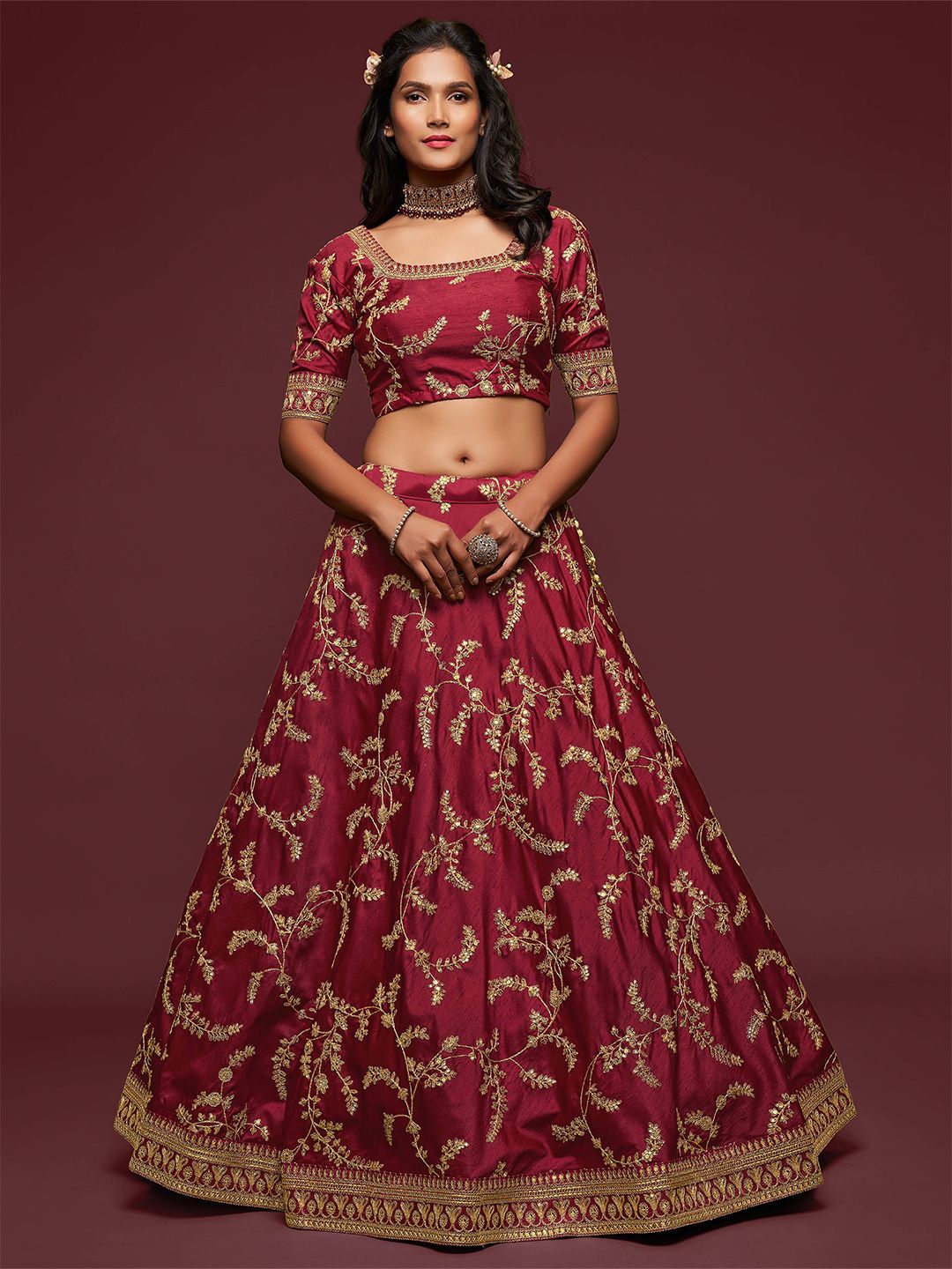 FABPIXEL Maroon Embroidered Sequinned Semi-Stitched Lehenga & Unstitched Blouse With Dupatta Price in India