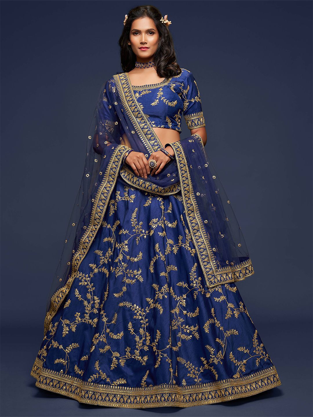 FABPIXEL Blue Embroidered Semi-Stitched Lehenga & Unstitched Blouse With Dupatta Price in India