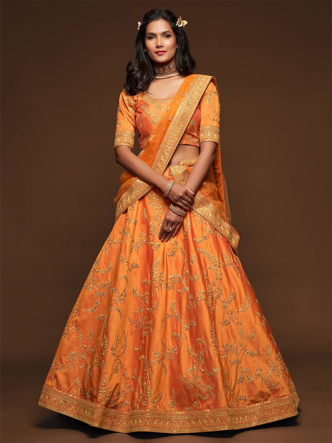 FABPIXEL Orange Embroidered Sequinned Semi-Stitched Lehenga & Unstitched Blouse With Dupatta Price in India