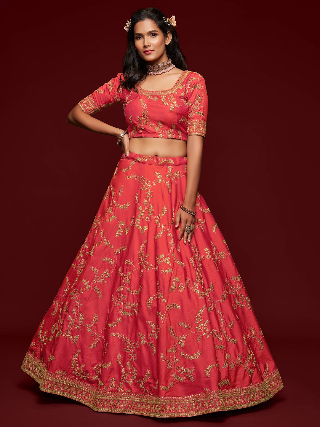 FABPIXEL Coral Embroidered Sequinned Semi-Stitched Lehenga & Unstitched Blouse With Dupatta Price in India