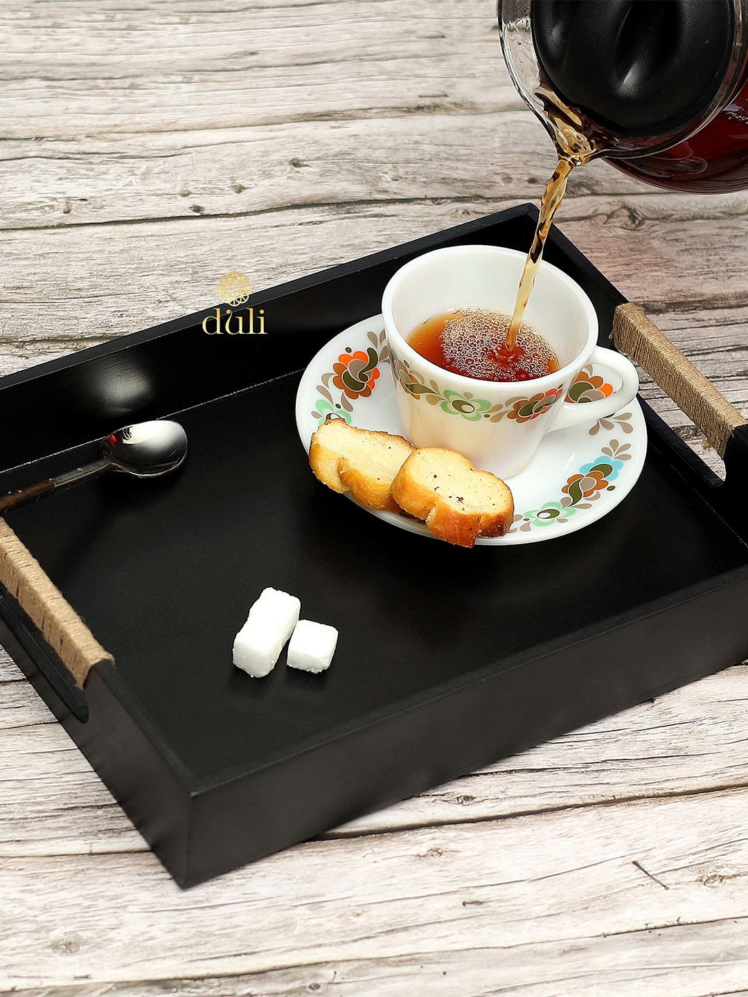 DULI Black Solid Wooden Rectangle Tray Price in India