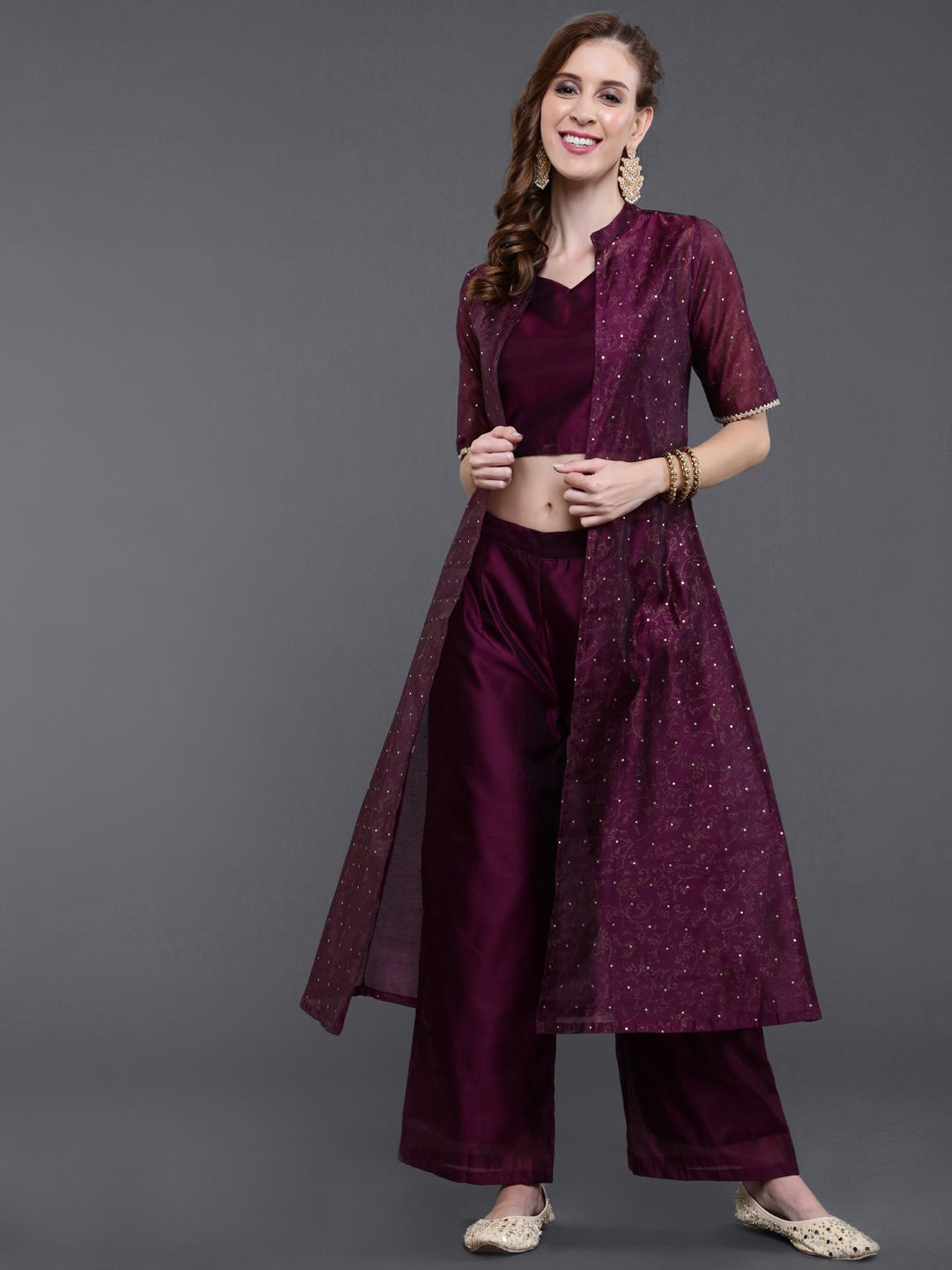 saubhagya Women Purple Pleated Kurta with Palazzos & With Dupatta Price in India