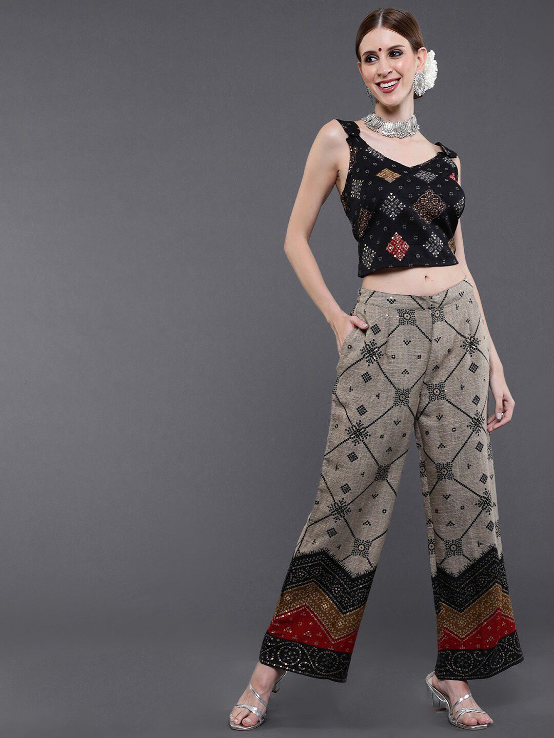 saubhagya Women Black & Gold-Toned Printed Top with Palazzos