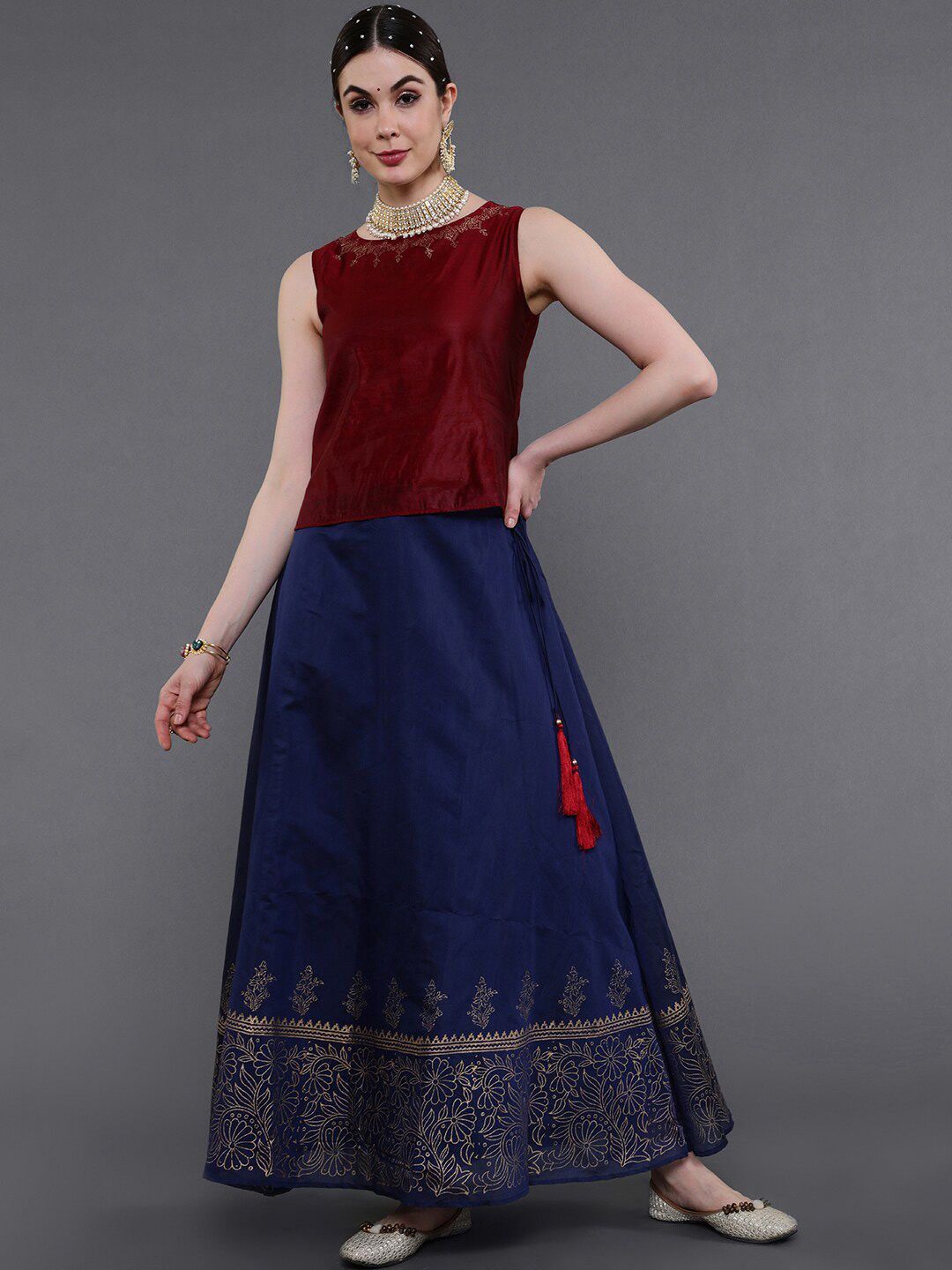 saubhagya Maroon & Navy Blue Gold Block Printed Ready to Wear Lehenga Choli Price in India