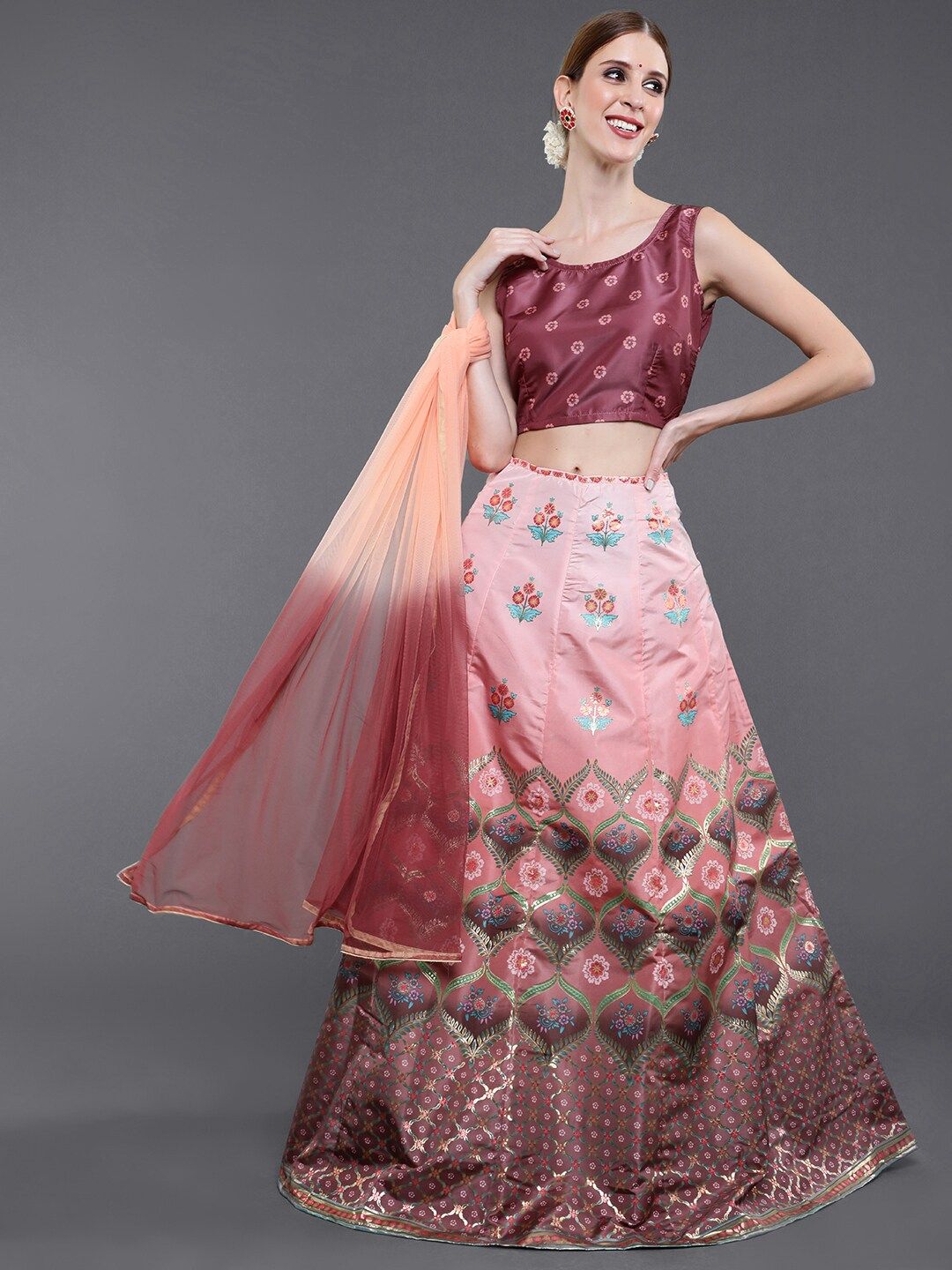 saubhagya Brown & Pink Ready to Wear Lehenga & Blouse With Dupatta Price in India