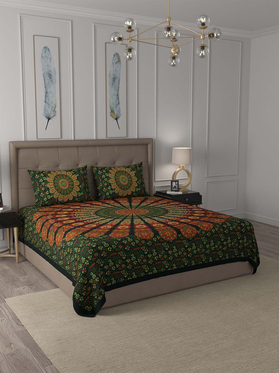 JAIPUR FABRIC Green & Red Floral 180 TC Queen Bedsheet with 2 Pillow Covers Price in India