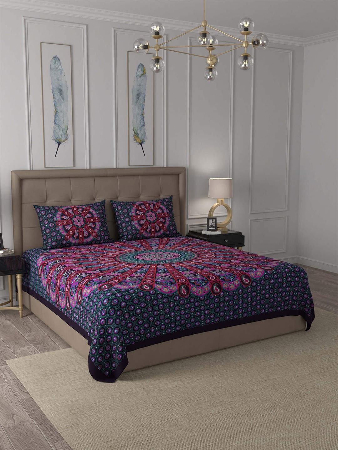 JAIPUR FABRIC Green & Violet Paisley 180 TC Cotton Queen Bedsheet with 2 Pillow Covers Price in India