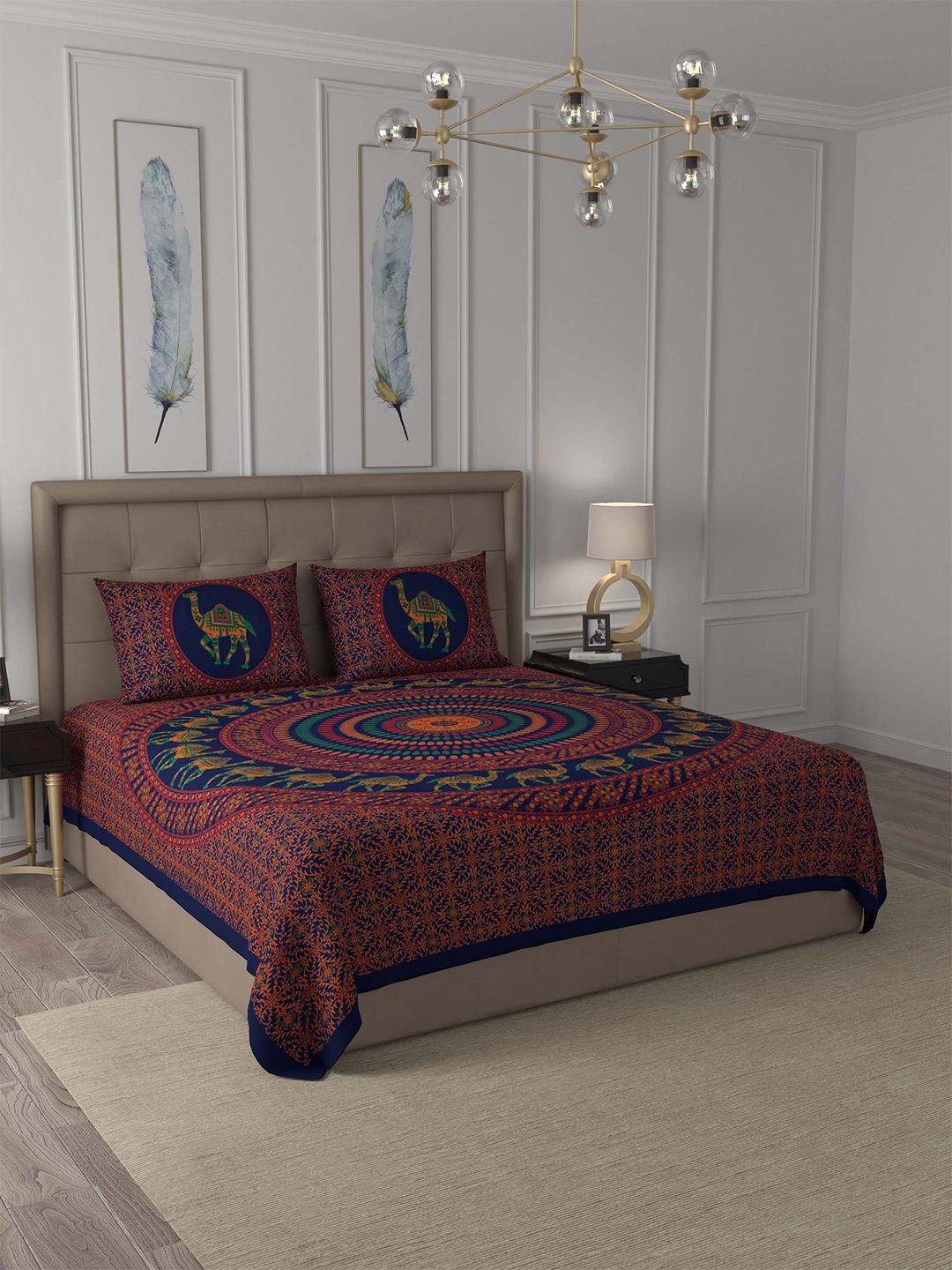 JAIPUR FABRIC Blue & Orange Floral 180 TC Cotton Queen Bedsheet with 2 Pillow Covers Price in India