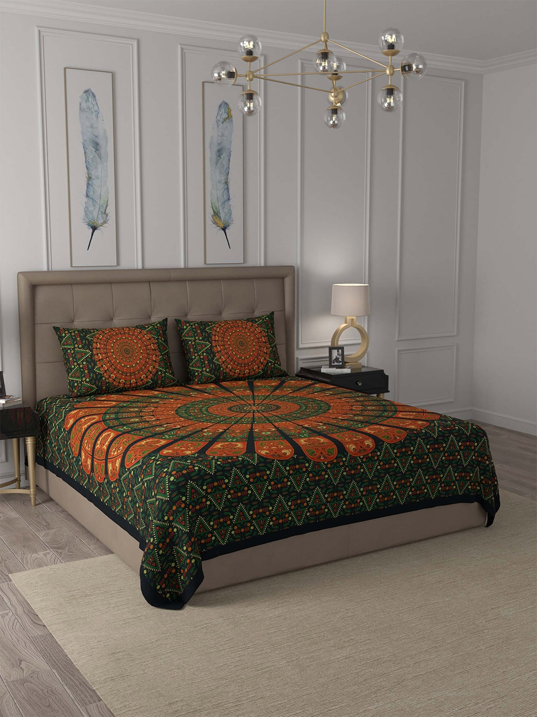 JAIPUR FABRIC Green & Orange Ethnic Motifs 180 TC Queen Bedsheet with 2 Pillow Covers Price in India