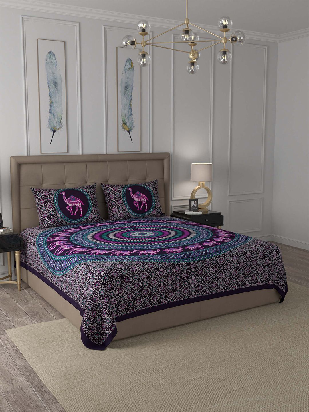 JAIPUR FABRIC Violet & Blue Ethnic Motifs 180 TC Queen Bedsheet with 2 Pillow Covers Price in India