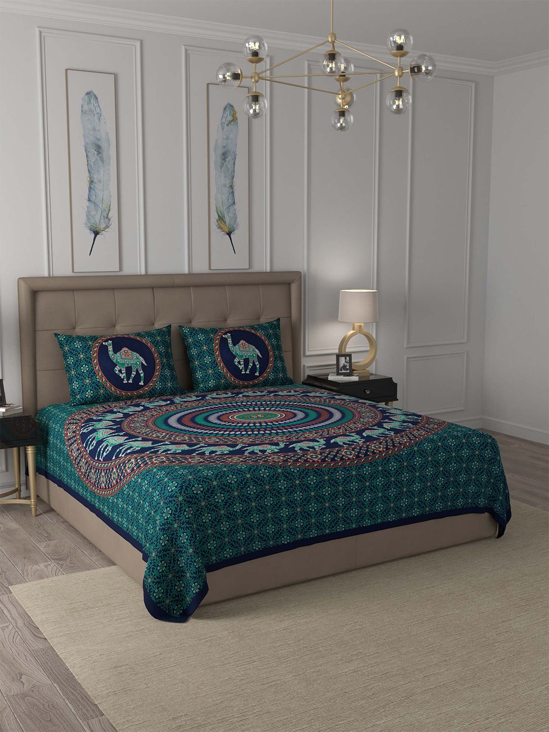 JAIPUR FABRIC Green & Blue Ethnic Motifs 180 TC Double Queen Bedsheet with 2 Pillow Covers Price in India