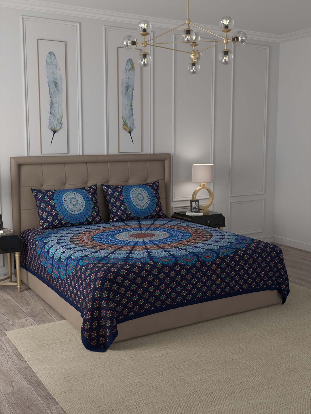 JAIPUR FABRIC Blue & Brown 180 TC Queen Ethnic Motifs Cotton Bedsheet with 2 Pillow Covers Price in India