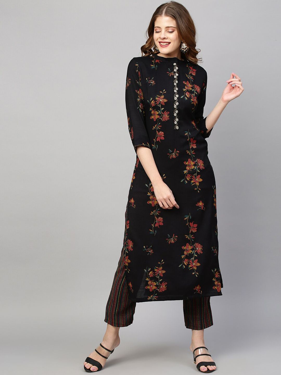 FASHOR Women Black Printed Pure cotton  Kurta with Trousers Price in India