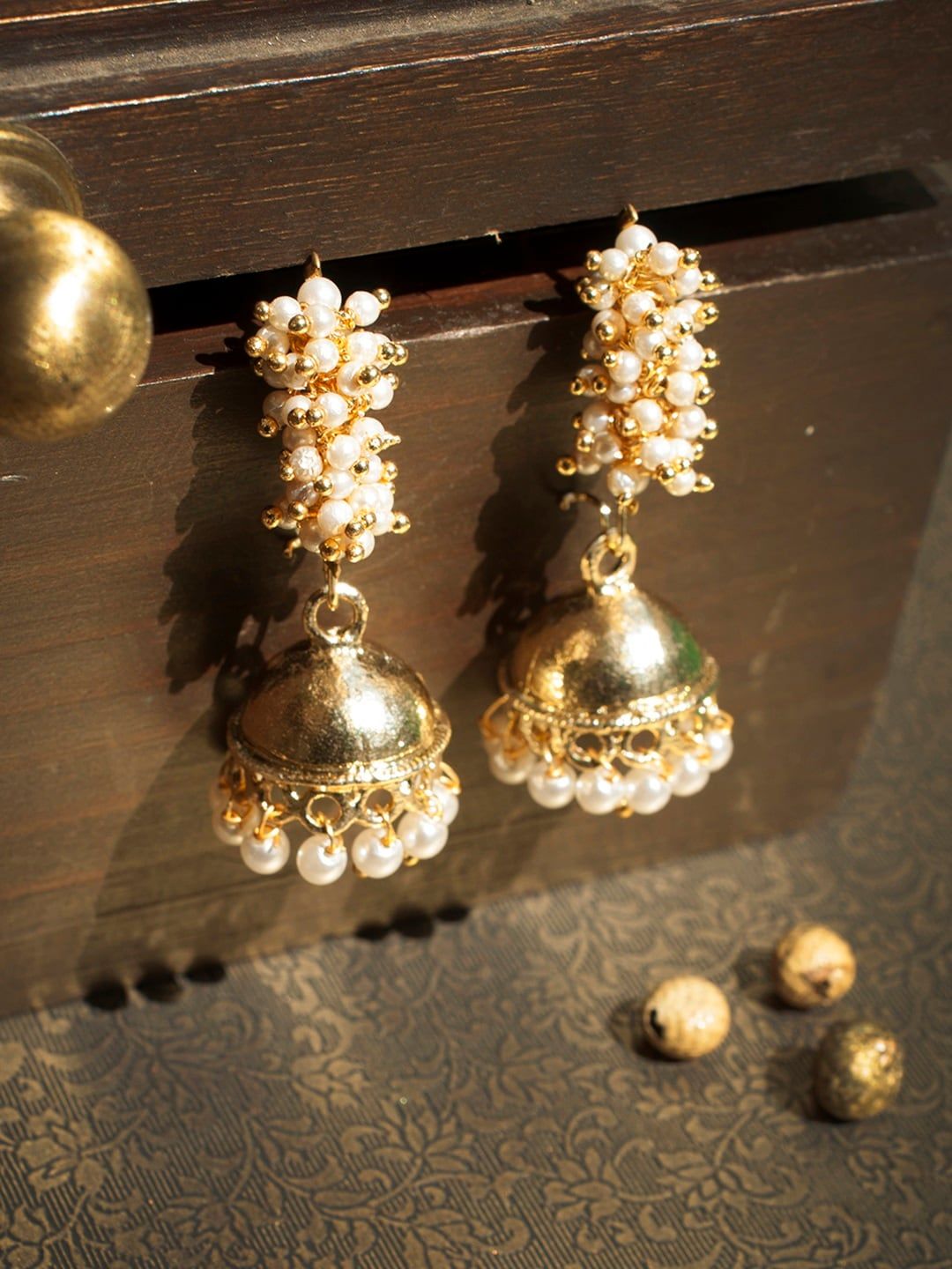 Rubans Muted Gold-Toned & White Beaded Jhumkas Price in India