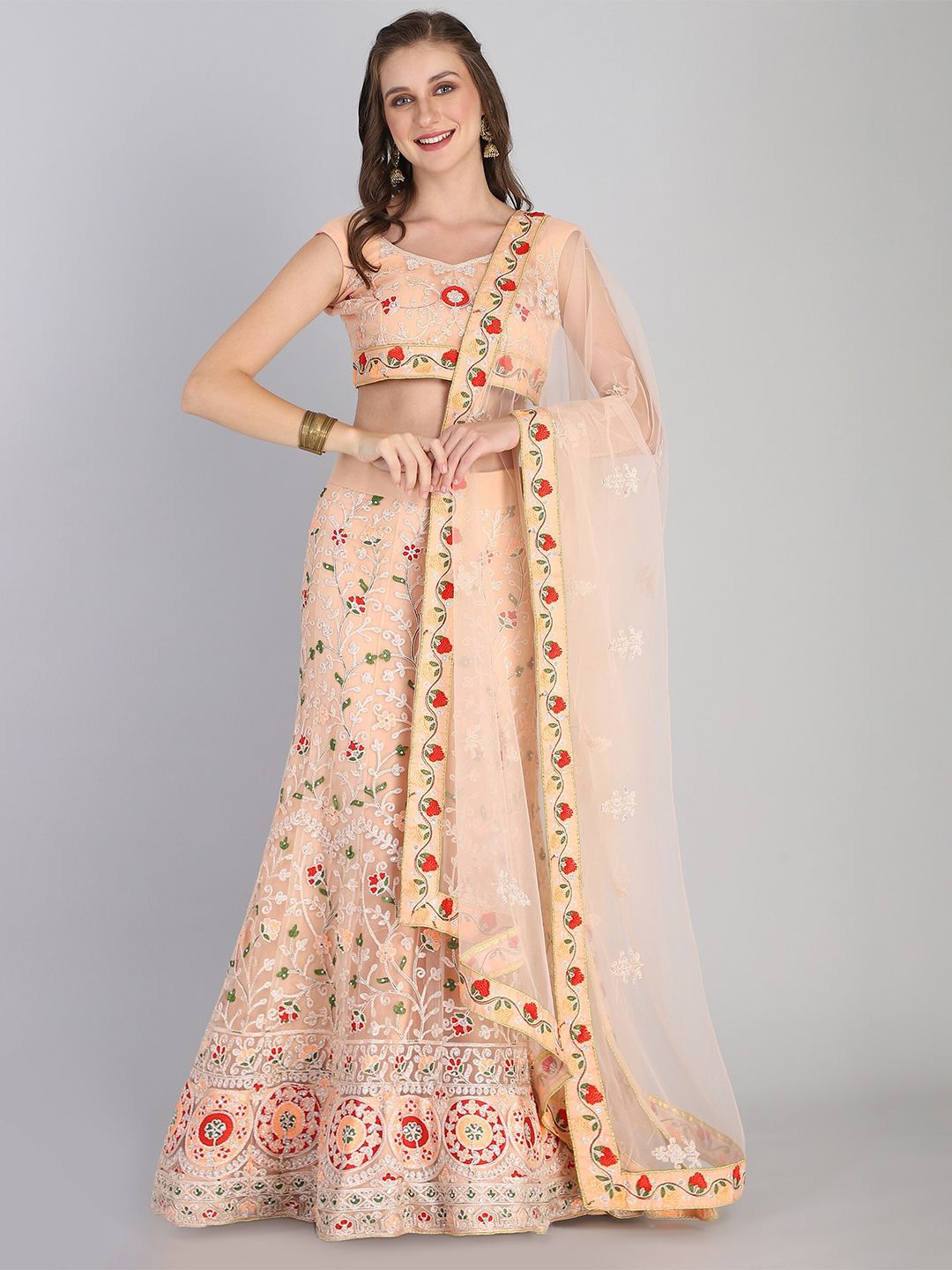 Rajesh Silk Mills Peach-Coloured Embroidered Semi-Stitched Lehenga & Unstitched Blouse With Dupatta Price in India