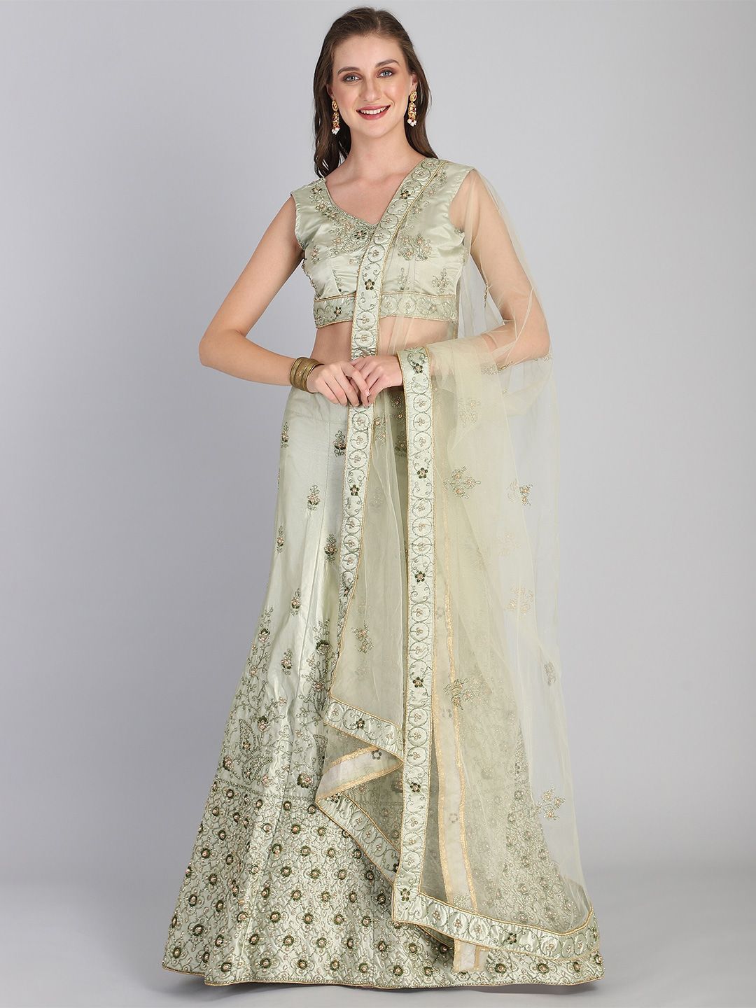 Rajesh Silk Mills Green Embroidered Semi-Stitched Lehenga & Unstitched Blouse With Dupatta Price in India