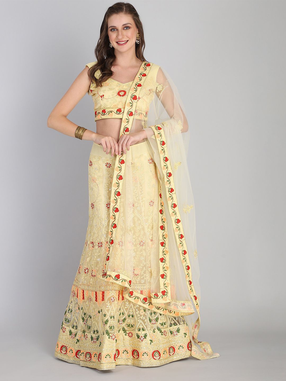 Rajesh Silk Mills Yellow Embroidered Semi-Stitched Lehenga & Unstitched Choli & Dupatta Price in India