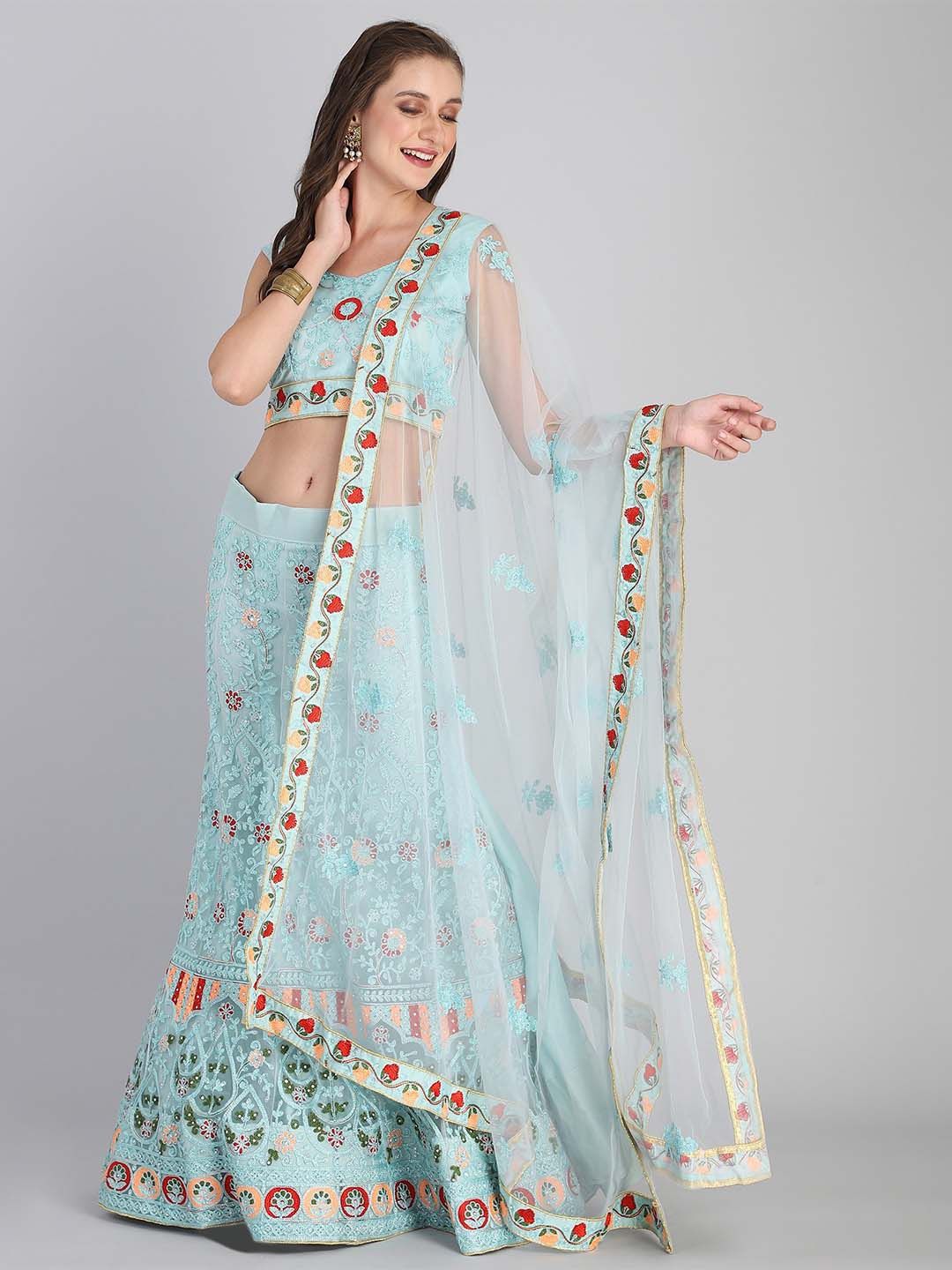 Rajesh Silk Mills Turquoise Blue Embroidered Semi-Stitched Lehenga & Unstitched Blouse With Dupatta Price in India