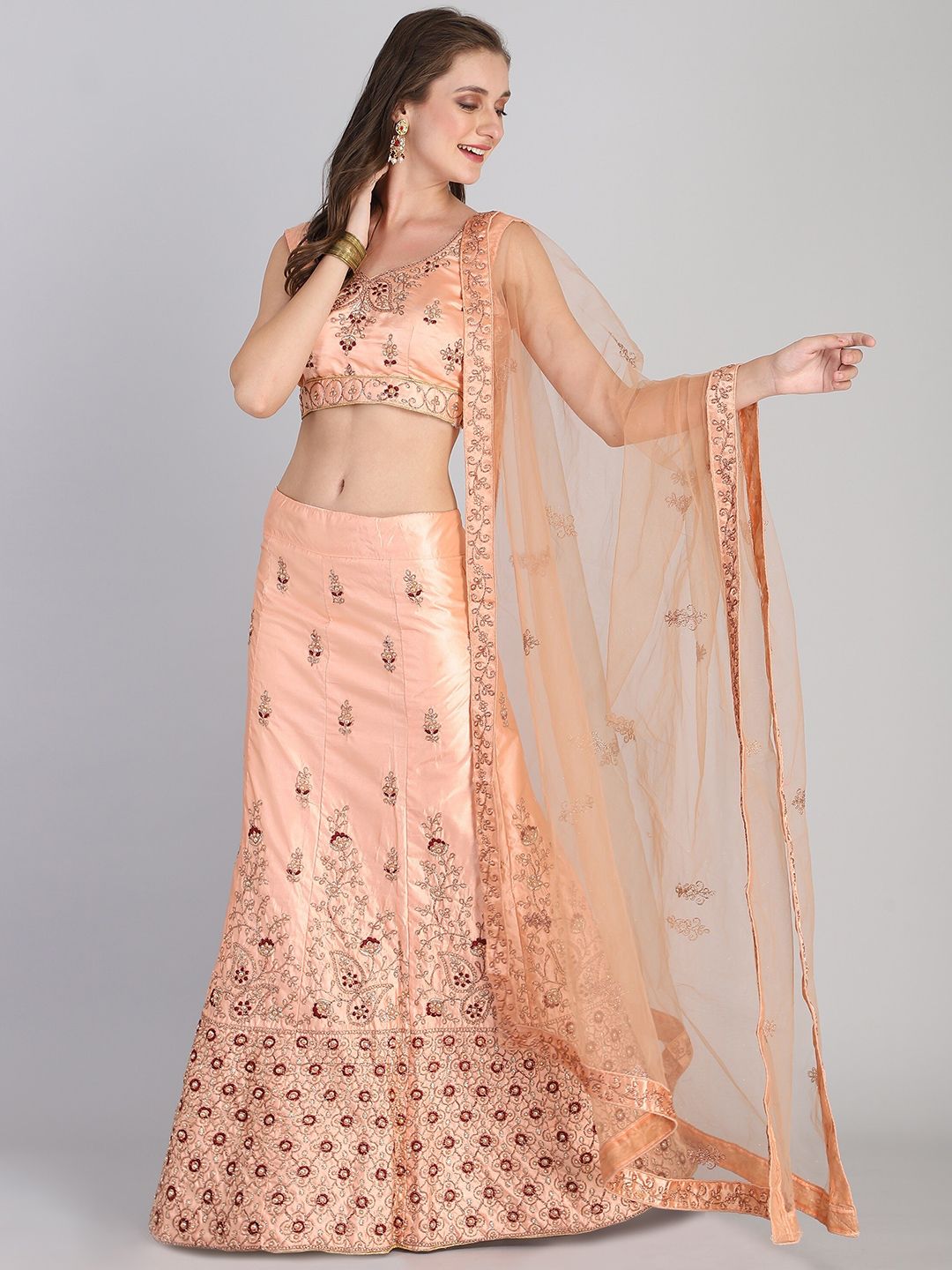 Rajesh Silk Mills Peach-Coloured Embroidered Semi-Stitched Lehenga & Unstitched Blouse With Dupatta Price in India