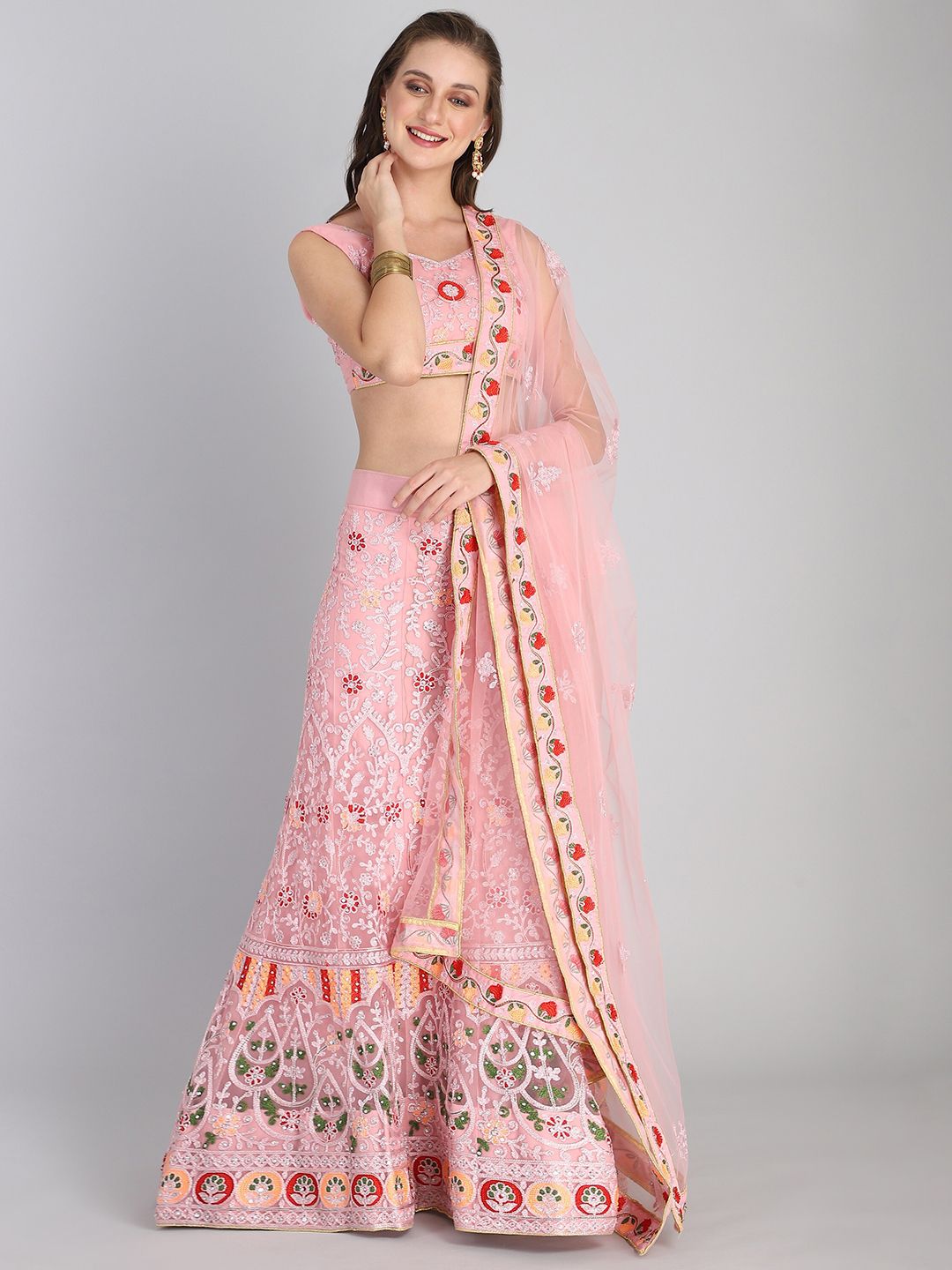 Rajesh Silk Mills Pink Embroidered Semi-Stitched Lehenga & Unstitched Blouse With Dupatta Price in India